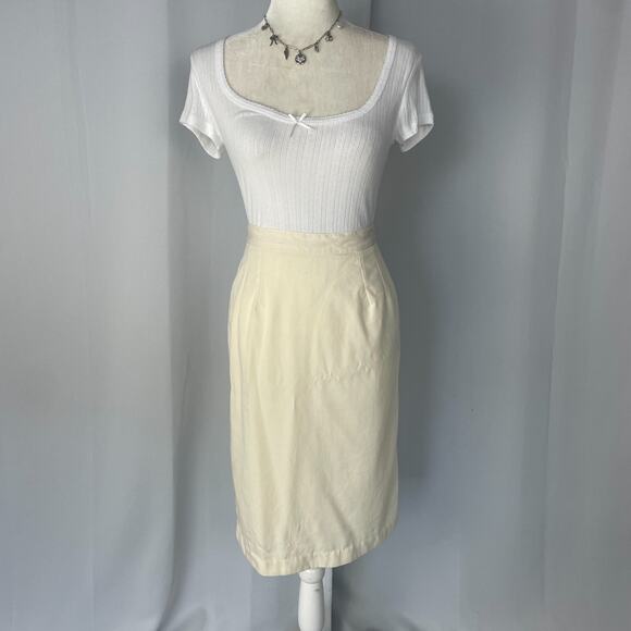Vintage Pencil Skirt Size 8 Cream Off White Solid Midi Preppy Minimalist 80s 90s - Picture 2 of 14